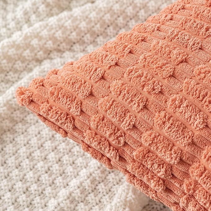MIULEE Pack of 2 Corduroy Decorative Euro Sham Throw Pillow Covers 24x24 Inch Soft Boho Striped Pillow Covers Modern Farmhouse Home Decor for Summer Sofa Living Room Couch Bed Coral