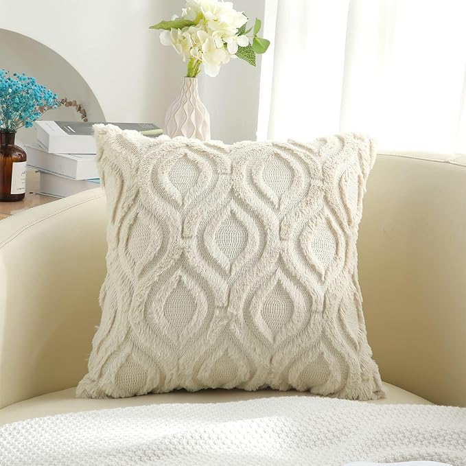decorUhome Cozy Textured Throw Pillow Covers 16x16 Inch Set of 2, Soft Plush Faux Wool Beige Accent Couch Pillow Covers for Modern Farmhouse Sofa Bed Living Room