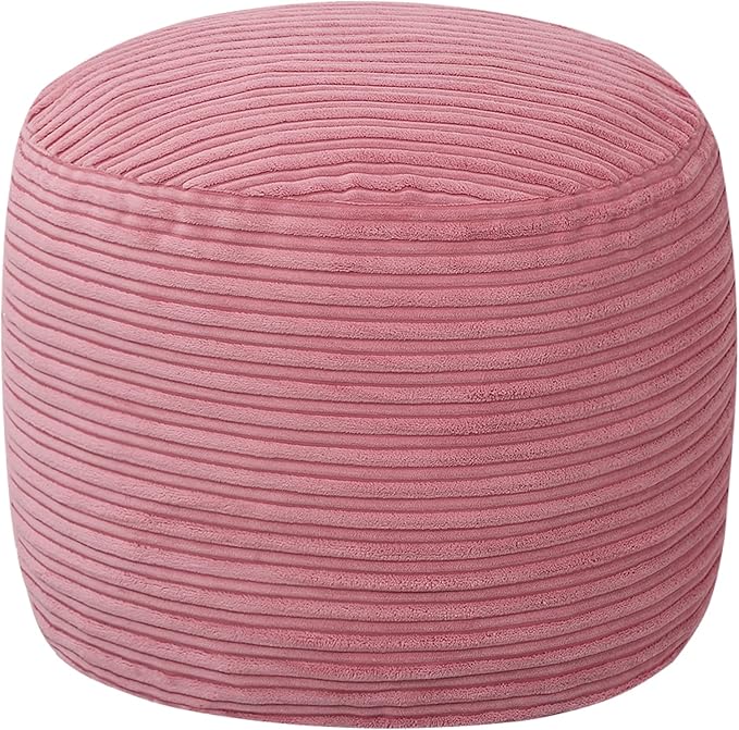 MeMoreCool Stuffed Round Pouf Ottoman Foot Rest, Soft Plush Floor Pouf Foot Stool, Corduray Footstool Footrest, Small Round Ottoman for Living Room Couch Sofa Chair, 20x15 Inch Pink