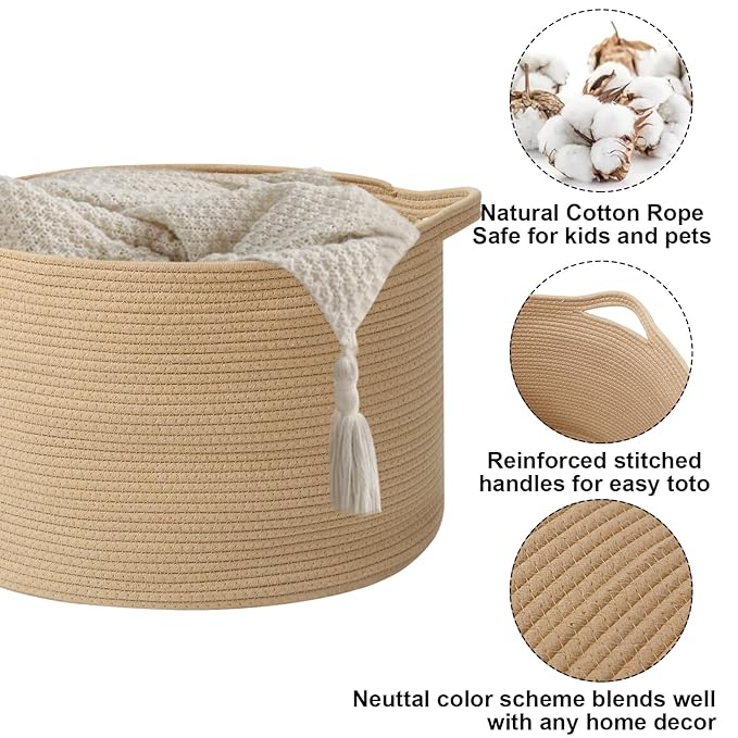 65L Large Blanket Basket,19.7" L x 19.7" W x 13" H Rope Woven Baskets with Handles, Toys Storage Bins,Laundry Basket Perfect for Living Room, Nursery,Bedroom,Home Organization,Camel