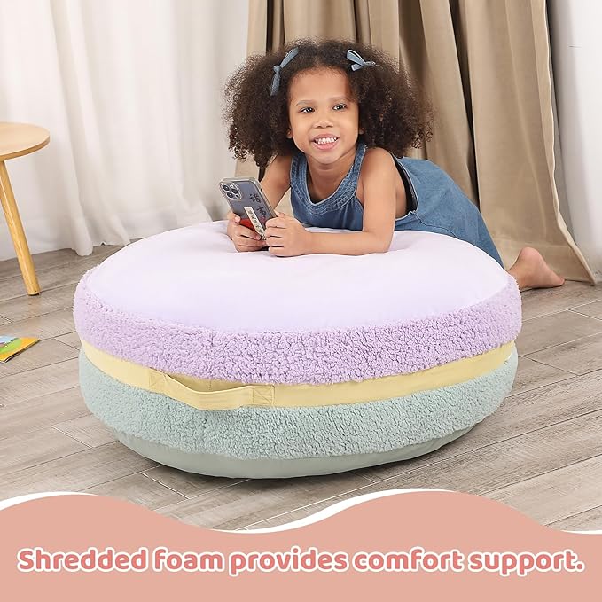 Macaron Bean Bag Chair for Kids and Teens, Comfy Sherpa Pouf Ottoman for Kids and Adult, 27.5"×27.5"×13.5", Purple and Green