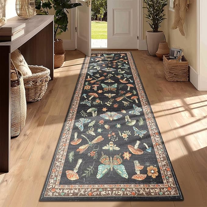 Mushroom Whimsical Cottage Core Small Rug 2x3 Washable Door Mat Indoor Rugs for Entryway Non-Slip Soft Insect Bug Butterfly Funky Decor for Bedroom Kitchen Black Brown