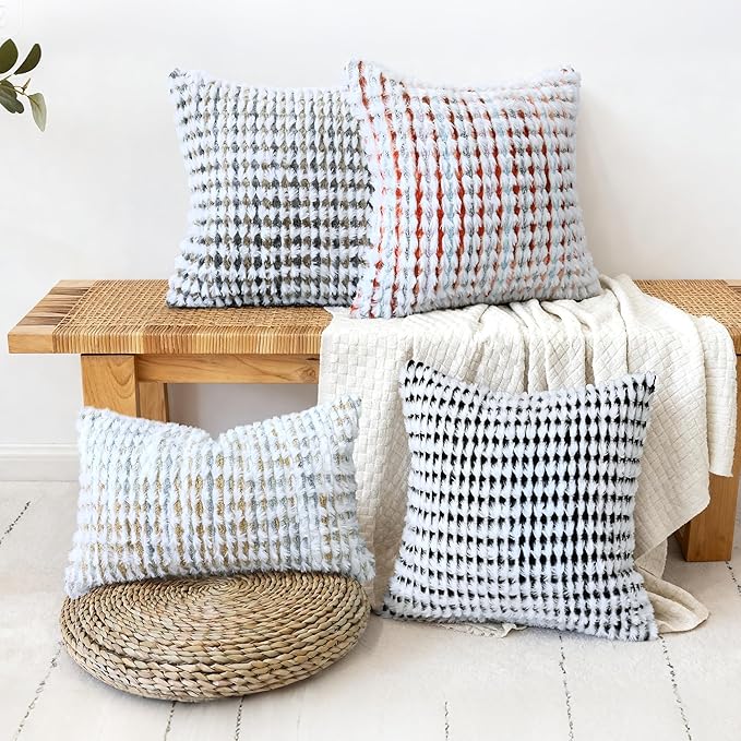 Boho Chenille Tufted Pillow Cover 12x20 Inch Set of 1, Farmhouse Striped Decorative Pillow Covers Accent Fluffy Neutral Lumbar Pillowcases for Couch Sofa Bedroom Living Room, Gray Khaki