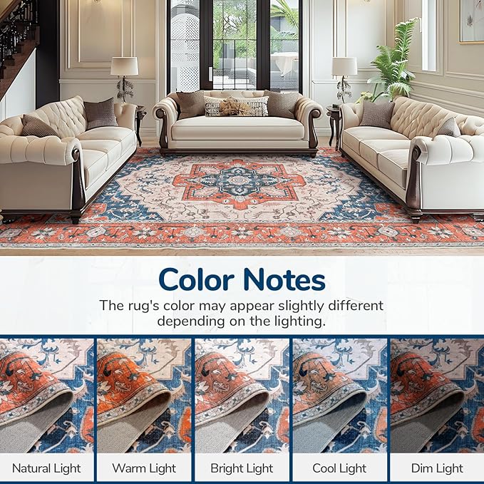 Lessymo 8 x 10 Area Rugs for Living Room- Machine Washable Area Rugs Boho Faux Wool Low Pile Area Rug for Bedroom Floral Medallion Vintage Rugs with Non-Slip Rubber, Tangerine Blue