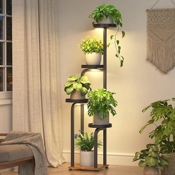 iDavosic.ly Tall Plant Stand Indoor with Grow Light, 4 Tier Corner Multiple Flower Holder Shelf with Metal Trays, Space Saving Display Rack for Living Room Balcony Patio Porch | Black & Brown
