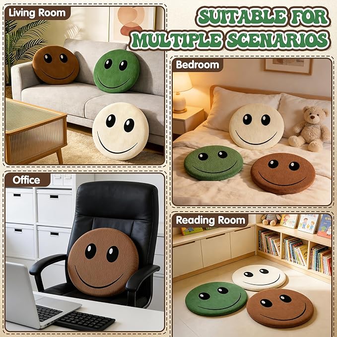 3PCS Floor Cushions for Classroom 16 Inch Smiley Face Floor Pillows Round Throw Pillows Face Emoticon Seat Cushion Cute Plush Pillow Chair Pads for Couch Bed Sofa Home Bedroom Dorm Decorations