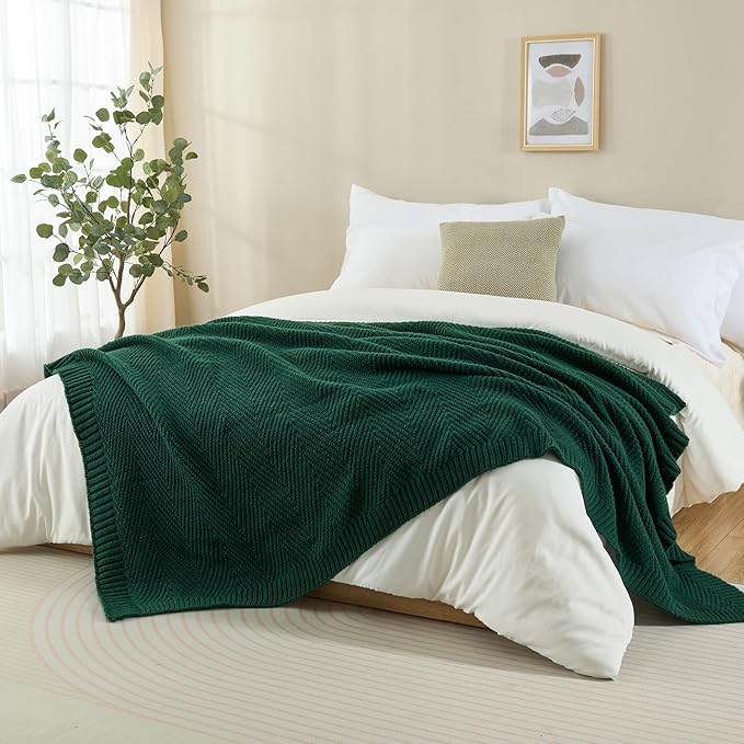 Knitted Throw Blanket 50"X60", Dark Green Knit Throws for Bed, Super Soft Boho Chevron Blankets for Couch Sofa Chair Room Decor, Textured Decorative Farmhouse Cozy Lightweight