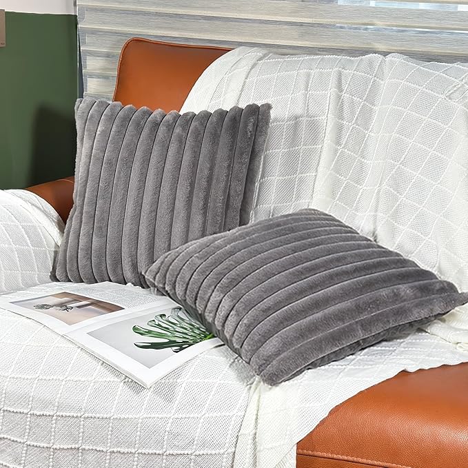 18x18 Throw Pillow Covers Set of 2, Decorative Faux Fur Covers for Bed, Couch Soft Fluffy Pillow Cover with Velvet Back for Living Room, Neutral Home Décor Accent for Sofa - Dark Gray