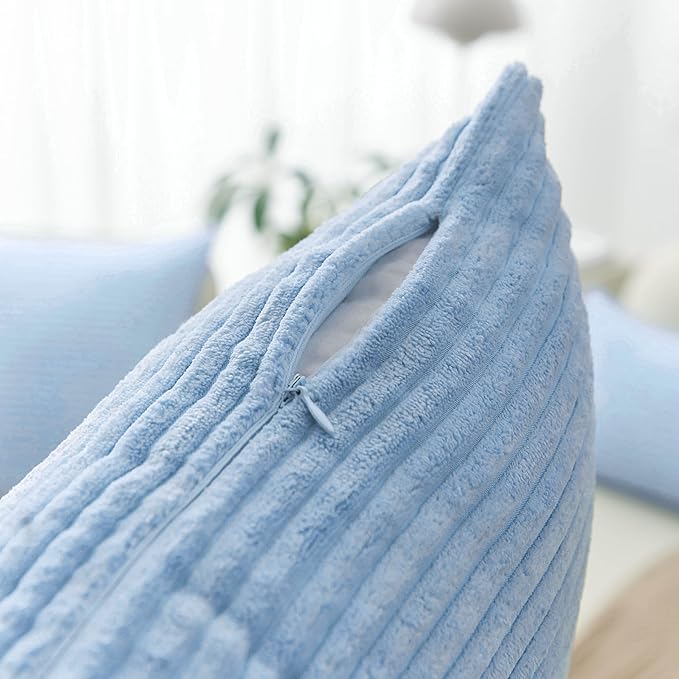 Home Brilliant Blue Throw Pillows for Couch 2 Packs Soft Cushion Covers Striped Velvet Throw Pillow Cases for Bed Living Room, 40x40 cm, 16 x 16 Inch, Baby Boy Blue