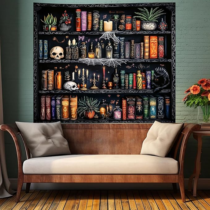 Algasan Magic Bookshelf Tapestry Magical Book Tapestry Gothic Witchy Vintage Library Skull Potion Black Cat Candle Botanical Backdrop for Bedroom Living Room Dorm 90.6 x 70.9 Inches