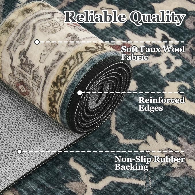 Medallion Round Rugs 6ft, Low Pile Thin Circle Area Rugs for Bedroom Living Room Washable Non Slip, Vintage Round Carpet for Kitchen Dining Room, Midnight/Multi