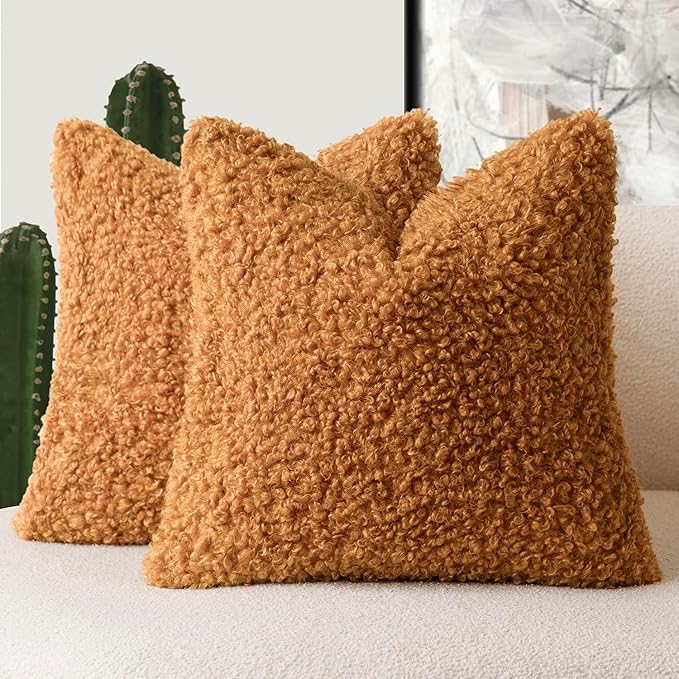 Foindtower 2 Pieces 22x22 Inch Orange, Faux Fur Throw Pillow Cover Accent Sherpa Furry Pillow Covers Fuzzy Soft Pillowcases Cozy Sheepskin Decorative Fleece Cushion Case for Bed Couch Living Room