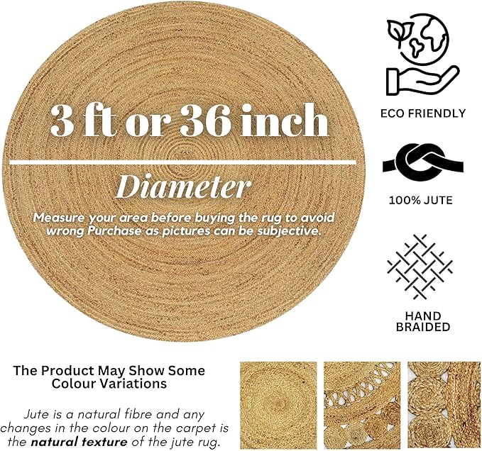 Hand Woven Jute Area Rug - 3' Round - Rustic Beige Reversible Farmhouse Rugs for Bedroom, Kitchen, Living Room - Vintage Natural Braided Entry Floor Décor Circle Boho Round Jute Rug 3ft