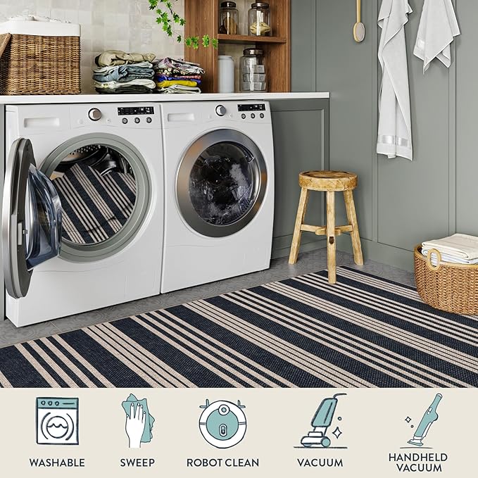 Lahome Elance Striped Easy Jute Outdoor Patio Rug, Washable 5x7 Area Rugs for Living Room Office Indoor Outdoor Carpet, Farmhouse Non Shedding Stain Resistance Carpet for Dining Room Backyard Deck