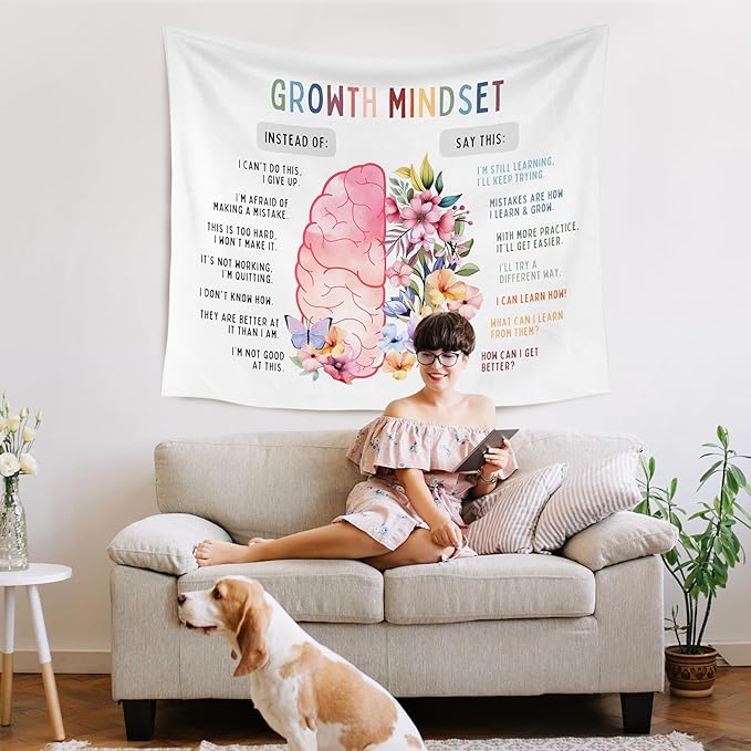 WARDOS Growth Mindset Tapestry, Mental Health Tapestry Wall Hanging, Inspirational Psychology Wall Blanket Decor for Therapy Counselor Office Calm Down Corner Classroom, 50x60 Inch