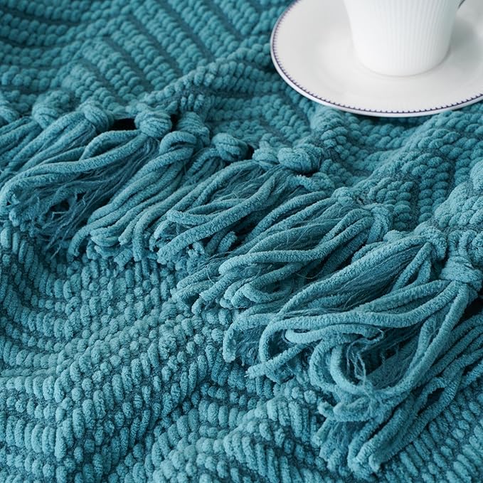 BATTILO HOME Teal Throw Blanket for Couch, Knit Woven Turquoise Blanket Versatile for Chair, Super Soft Warm Decorative Blanket with Tassels for Bed, Sofa and Living Room, 60" x 80"