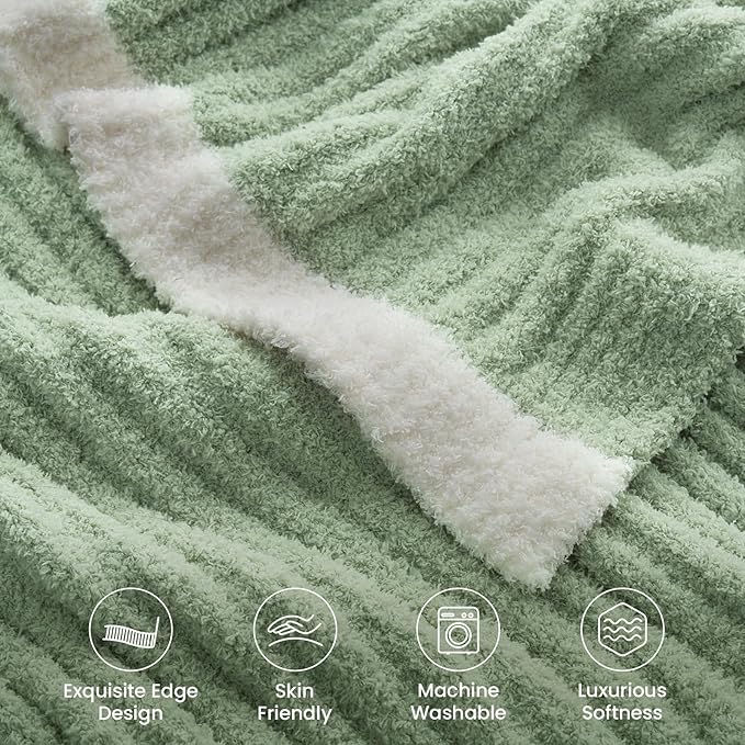Snuggle Sac Fluffy Ribbed Sage Green Blanket Twin Size, Soft Luxurious Knit Fuzzy Microfiber Blankets for Sofa, Bed, Sage Green, 60x80 inches