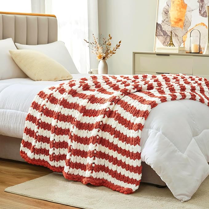 Amélie Home Chunky Knit Throw Blanket for Couch, Soft Chenille Crochet Blanket for Sofa, 50"x60", Burnt Orange & White Striped