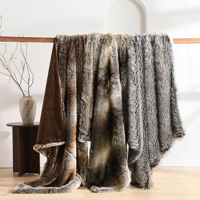 HORIMOTE HOME Luxury Plush Faux Fur Throw Blanket, Long Pile Grey with Black Tipped Blanket, Super Warm, Fuzzy, Elegant, Fluffy Decoration Blanket for Couch, Armchair, Sofa and Bed, 50''x 60''