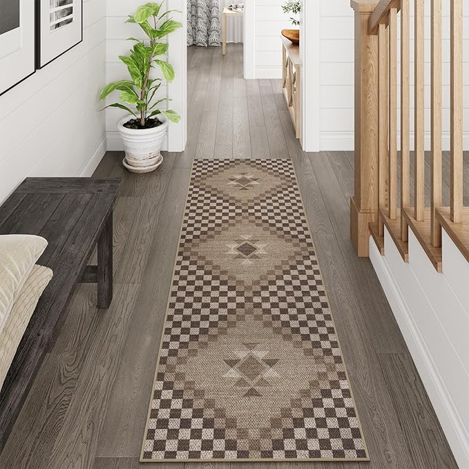 LIVEBOX Washable Easy Jute Rug Runners 2x6 for Entryway, Non Skid Kitchen Runner Rugs for Indoor Outdoor Entrance, Checkered Brown Hallway Rug Runner for Laundry Room Bedroom