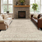 8x10 Area Rugs for Living Room Bedroom, Beige Large Washable Neutral Rug, Vintage Floral Retro Boho Non Slip & Low Pile Carpet for Indoor Dining Room, Classroom, Dorm, Nursery and Kids Room
