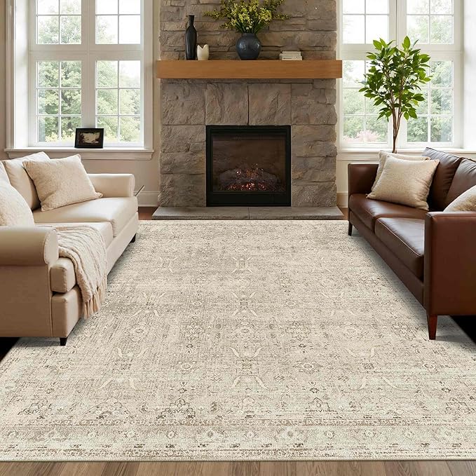 8x10 Area Rugs for Living Room Bedroom, Beige Large Washable Neutral Rug, Vintage Floral Retro Boho Non Slip & Low Pile Carpet for Indoor Dining Room, Classroom, Dorm, Nursery and Kids Room