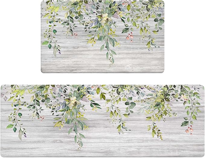 Kitchen Rug Mats for Floor Cushioned Anti Fatigue Green Eucalyptus Kitchen Rugs Sets of 2 Farmhouse Non Slip Waterproof Comfort Memory Foam Standing Floor Mat for Office Laundry Sink Desk