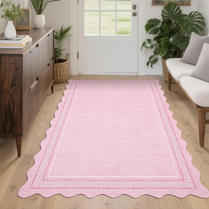 GarveeHome Scalloped Washable Area Rugs 4x6 Entry Rug Non Slip Pink Playroom Rug Small Living Room Area Rug Soft Non Shedding Low Pile Stain Resistant Carpet for Kitchen Bedroom Nursery, Pink