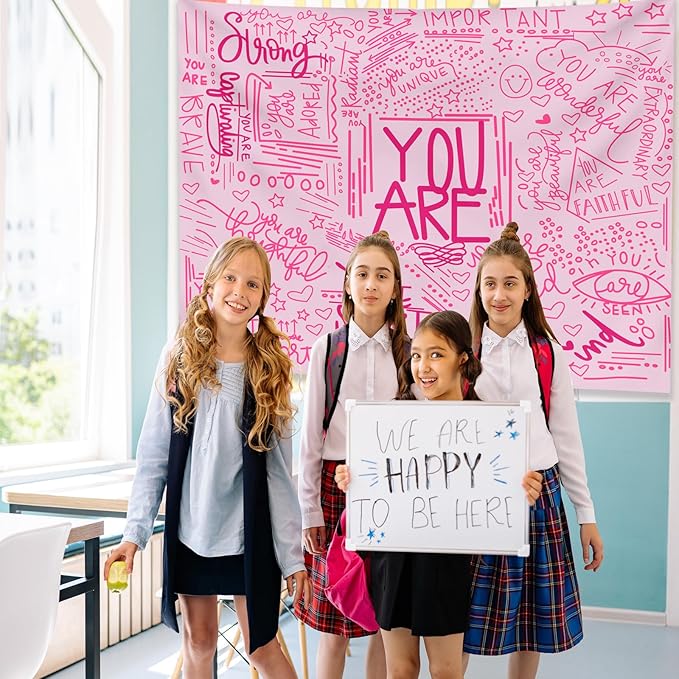 KJHL Quote You Are Wall Tapestry Pink Inspirational Classroom Kids Tapestries Wall Hanging Motivational Positive Affirmations Saying Aesthetic Tapestry for Bedroom Dorm