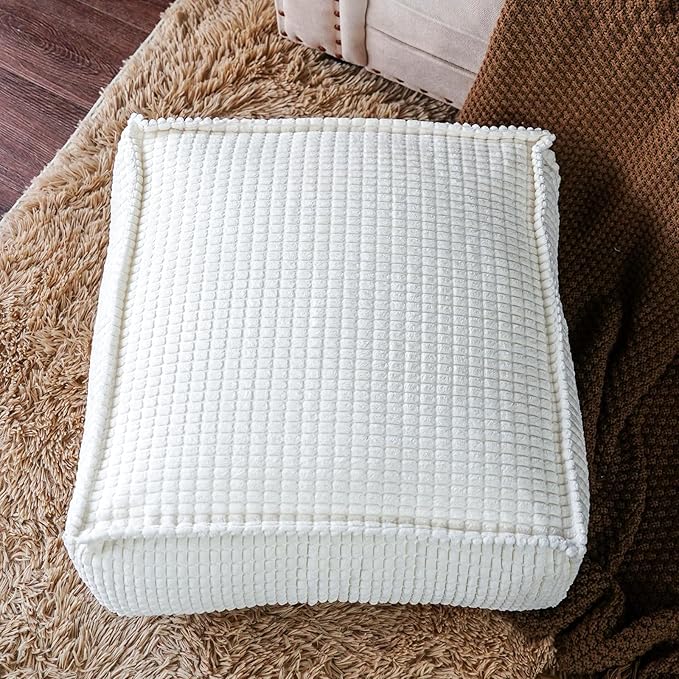 SUTAVIA Pouf Ottoman Cover Unstuffed Pouf Seat Decorative Soft Storage Bean Bag 20x20x8 Inches Square Floor Footrest for Living Room Bedroom (White, Square)