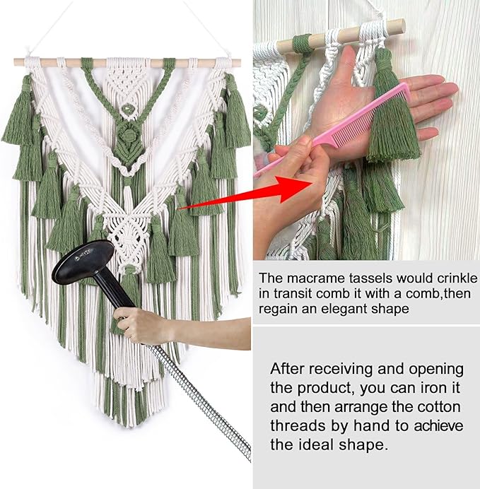 EOBTAIN Green Macrame Wall Hanging Handmade Boho Macrame Wall Decor with Yarn Tassel Bohemian Tapestry Woven Wall Art for Living Room Bedroom Home Apartment Nursery Dorm Decorations,16" W x 26" L