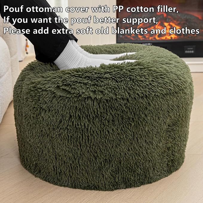 Stuffed Pouf Ottoman with High Density Foam Filler Plush Fiber Stool Foot Stool Storage Ottoman 20 * 12''Floor Pouf Foot Rest for Living Room (Green Pouf with Filler)