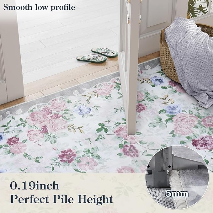 Lahome Vintage Floral 8x10 Rugs for Living Room,Large Boho Washable Rugs,Low Pile Bedroom Rug 8x10 Under Bed Carpet for Nursery Playroom Dining Room Nina (Purple/Grey)