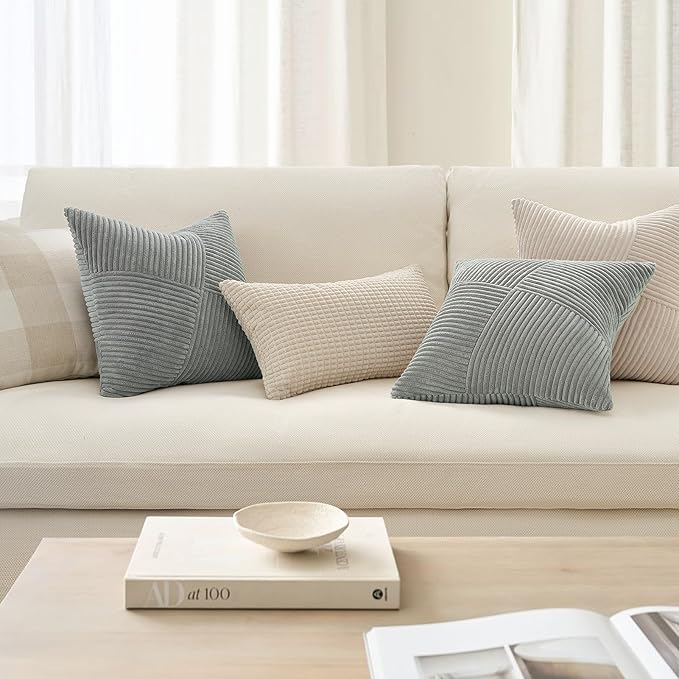 Topfinel Set of 2 LightGrey Decorative Throw Pillow Covers 18x18 Inch for Couch Sofa Bed, Farmhouse Boho Rustic Home Decor,Soft Corduroy Windmill Textured Striped Patchwork Cushion Cases
