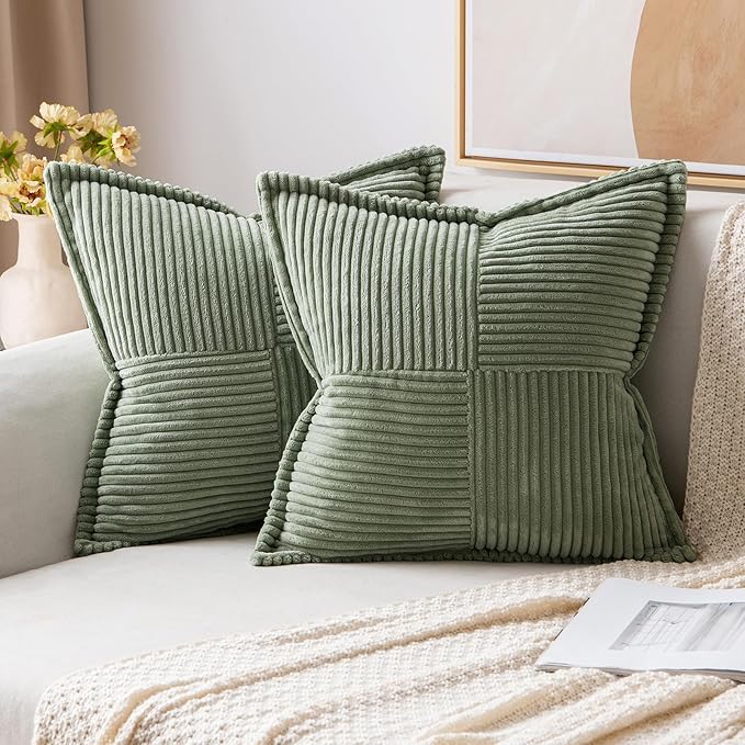 MIULEE Decorative Throw Pillow Covers for Couch Bed Livingroom 16x16 Inch Set of 2 Light Olive Green Boho Accent Throw Pllows Broadside Striped Patchwork Soft Corduroy Summer Pillowcases