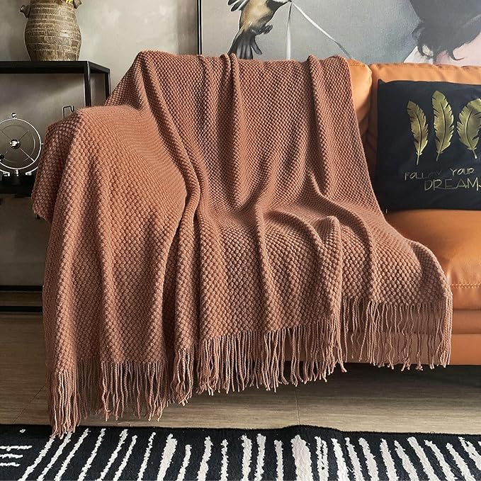 LOMAO Knitted Throw Blanket with Tassels Bubble Textured Lightweight Throws for Couch Cover Home Decor (Caramel, 60x90)