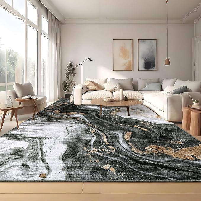 GarveeHome Modern Washable Rugs 6x9 Neutral Abstract Throw Rugs, Non-Slip Abstract Accent Carpet with Marble Swirl Pattern, Stain-Resistant Low Pile Indoor Carpet Rug for Living Room, Bedroom, Black