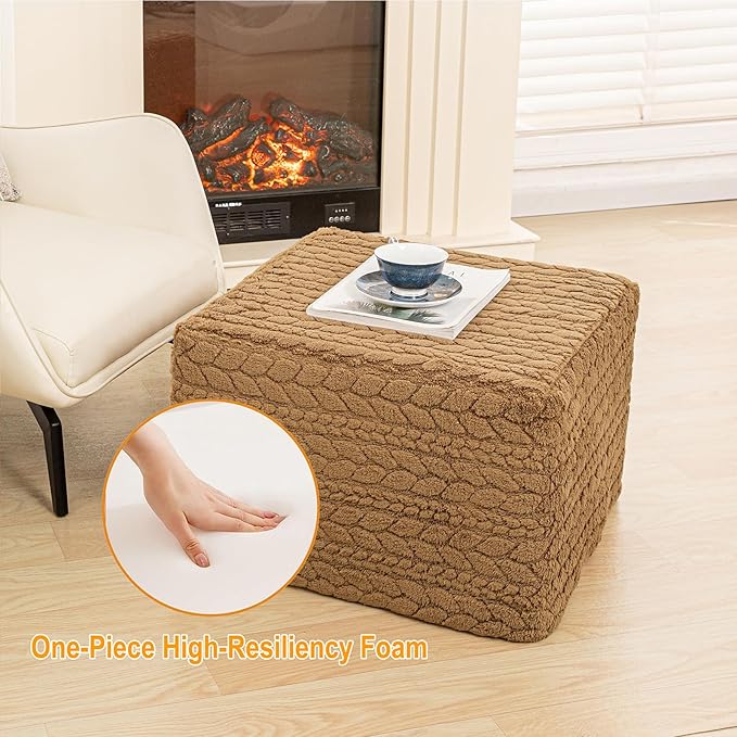 20x20x14 Inches Fluffy Square Pouf Ottoman - Plush Furry Boneless Ottoman Foot Rest Stool with High-Density Foam, Versatile Floor Seating for Living Room (Coffee)