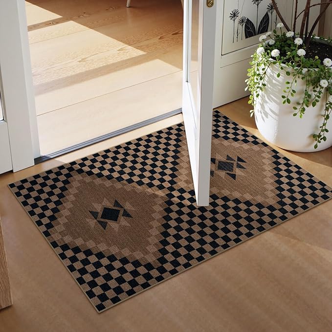 LIVEBOX Easy Jute Checkered Washable Entryway Rug 2x3, Non Slip Ultra Thin Front Door Mat Indoor Entrance, Farmhouse Small Kitchen Rug No Shed Jute Rugs Carpet for Hallway Bedroom Bathroom