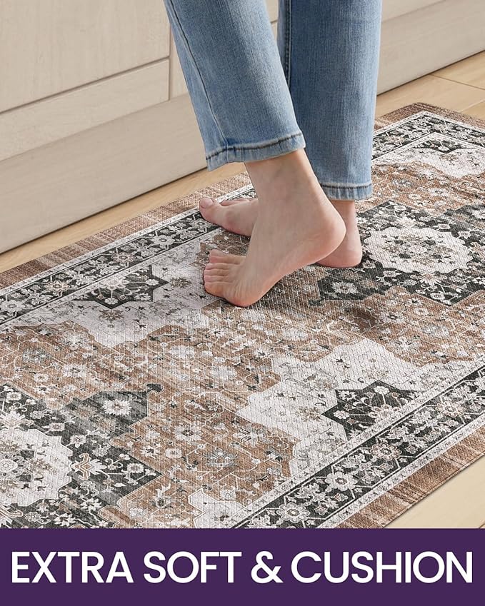 DEXI Kitchen Floor Mats Cushioned Anti Fatigue, 23x59 Rubber Wide Standing Comfort Runner Rug, Waterproof Retro Floral Memory Foam Padded for Front Sink Laundry, Black/Brown