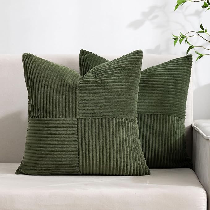 Pack of 2 Green Decorative Throw Pillow Covers for Bed Couch Corduroy, 18x18 in Boho Aesthetic Home Decor, Soft Corduroy Patchwork Texture Cozy Accent for Couch Sofa Bedroom Living Room