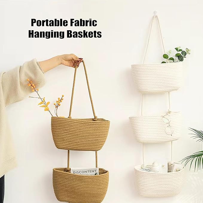 AARAINBOW Wall Hanging Cotton Baskets, Large 3 Tier Decorative Basket for Wall, Nursery, Bathroom, Boho Organizing (B-White)