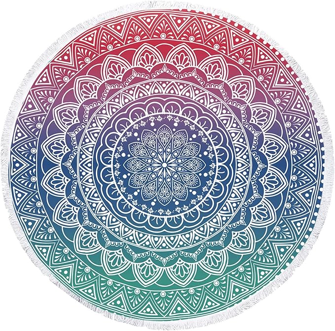 Oversize Round Mandala Beach Towel Blanket, Circle Microfiber Bohemian Boho Quick Dry Super Water Absorbent Towel, Hippy Gypsy Yoga Mat Picnic Table Mediation Throw Tapestry with Tassel Ultra ,59”