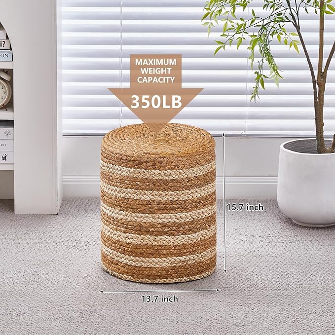 Wimarsbon 2Pcs Pouf Ottomans, Natural Seagrass Foot Stool, Hand Weaving Round Ottoman, Boho Decorative Seat, Jute Braided Pouffe Poof Accent Sitting Footrest for Living Room (Water Hyacinth-White)