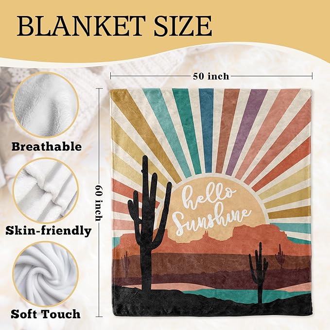 Boho Western Blanket, Boho Western Abstract Colorful Sunshine Cactus Landscape Throw Blankets Gifts for Bed Couch Bedroom Living Room Home Decor, 50x60 Inches
