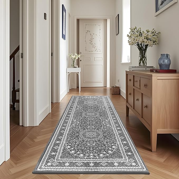 Lessymo 2 x 6 Runner Rug, Machine Washable Area Rugs Boho Faux Wool Low Pile Area Rug for Bedroom, Floral Medallion Vintage Rugs with Non-Slip Rubber,Grey White