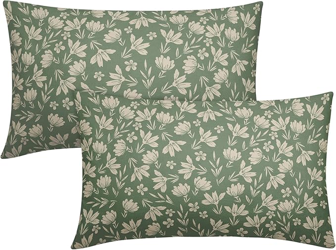 Spring Sage Green Pillow Covers 12x20 Set of 2 Vintage Floral Rustic Old Style Cute Flower Print Decorative Outdoor Pillowcases Seasonal Farmhouse Throw Cushion Case Decor for Couch Sofa Bed