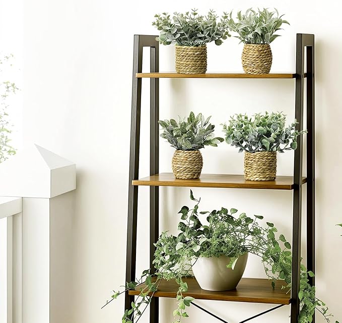 Small Fake Potted Plants: 7 Inches Artificial Plants with Seagrass Handwoven Planters, Indoor Farmhouse Spring Decorations, Eucalyptus Plant for Home Bathroom Office Shelf Tabletop Desk Room Decor