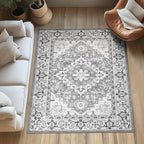Lessymo 4 x 6 Area Rugs for Living Room- Machine Washable Area Rugs Boho Faux Wool Low Pile Area Rug for Bedroom Floral Medallion Vintage Rugs with Non-Slip Rubber, Grey Beige