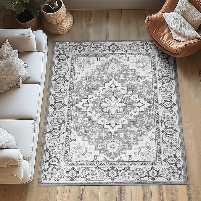 Lessymo 4 x 6 Area Rugs for Living Room- Machine Washable Area Rugs Boho Faux Wool Low Pile Area Rug for Bedroom Floral Medallion Vintage Rugs with Non-Slip Rubber, Grey Beige